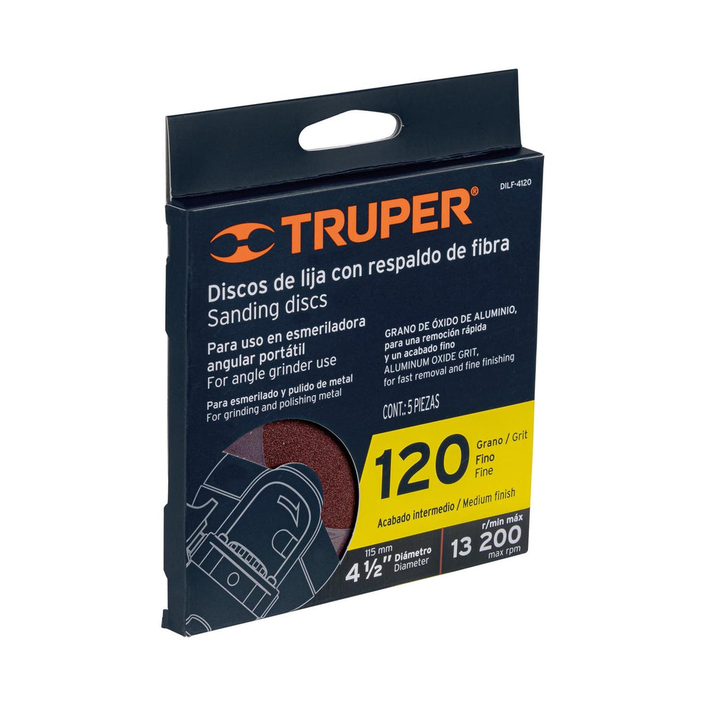 5 discos lija 4-1/2' con respaldo de fibra, grano 120 Truper 100128