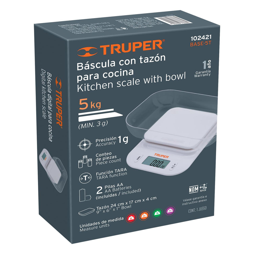 Báscula digital con tazón para cocina, 5kg, Truper - Mundo Tool 
