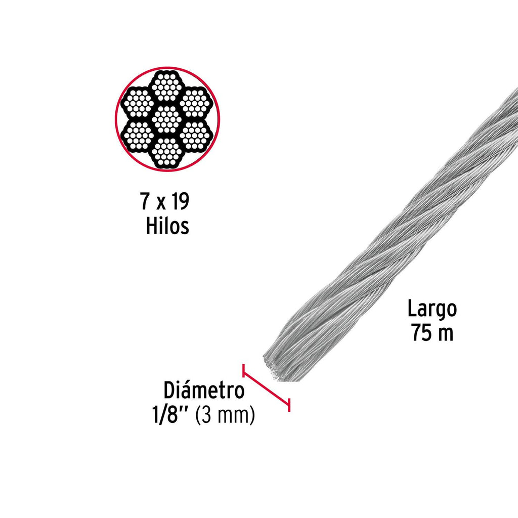 Cable flexible de acero 1/8', 7X19, 75 m Fiero