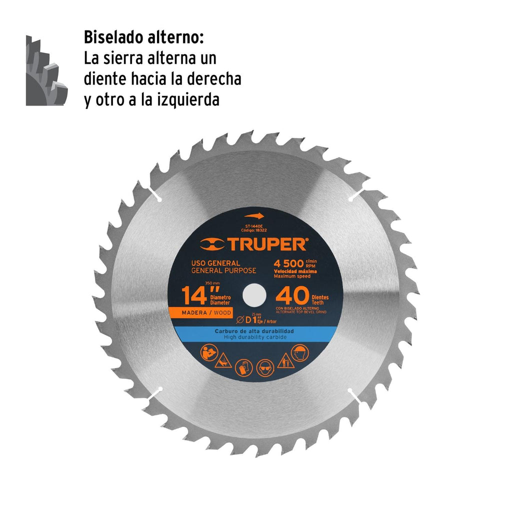 Disco sierra 14" para madera, 40 dientes centro 1", Truper - Mundo Tool 