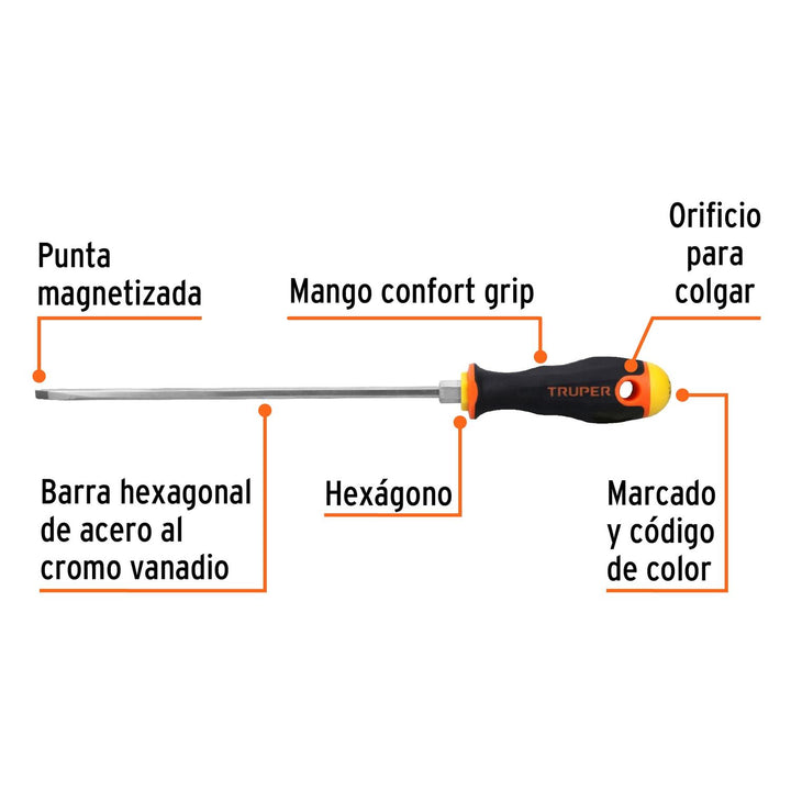 Desarmador cabinet 3/16x8" mango comfort grip Truper - Mundo Tool 