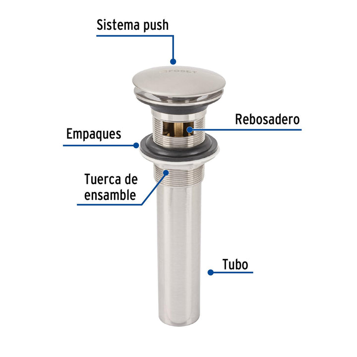 Contra p/lavabo, 1-1/4', con rebosadero, hongo, latón, satín - Mundo Tool 