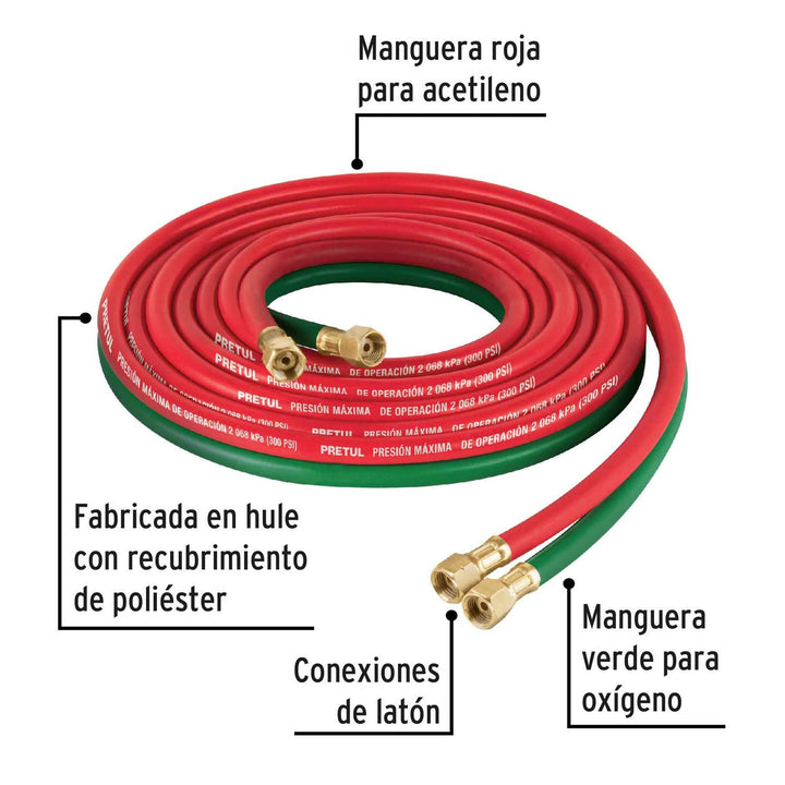 Manguera cuata reforzada de 4.5 m para oxiacetileno, Pretul - Mundo Tool 