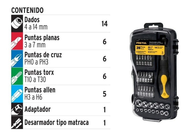 Juego De Dados Cuadro 1/4' 39 Piezas Pretul - Mundo Tool 