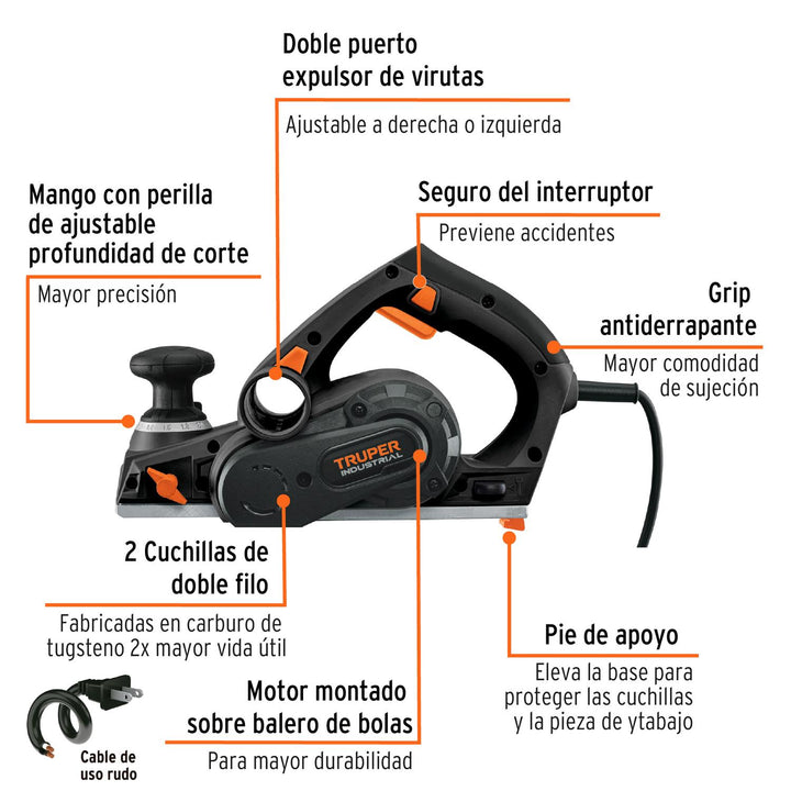 Cepillo eléctrico 3-1/4' 720 W, industrial, Truper - Mundo Tool 