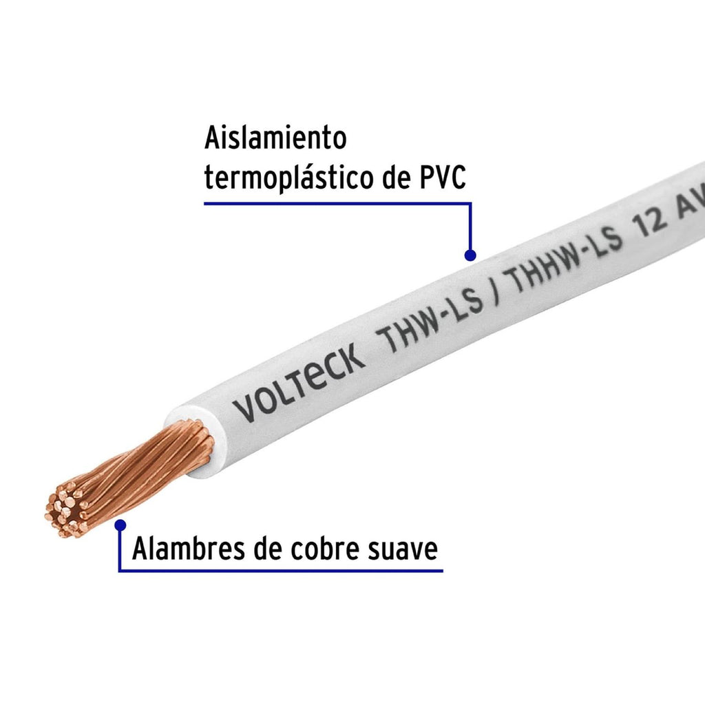 Cable THHW-LS, 12 AWG, color blanco rollo 100 m Volteck