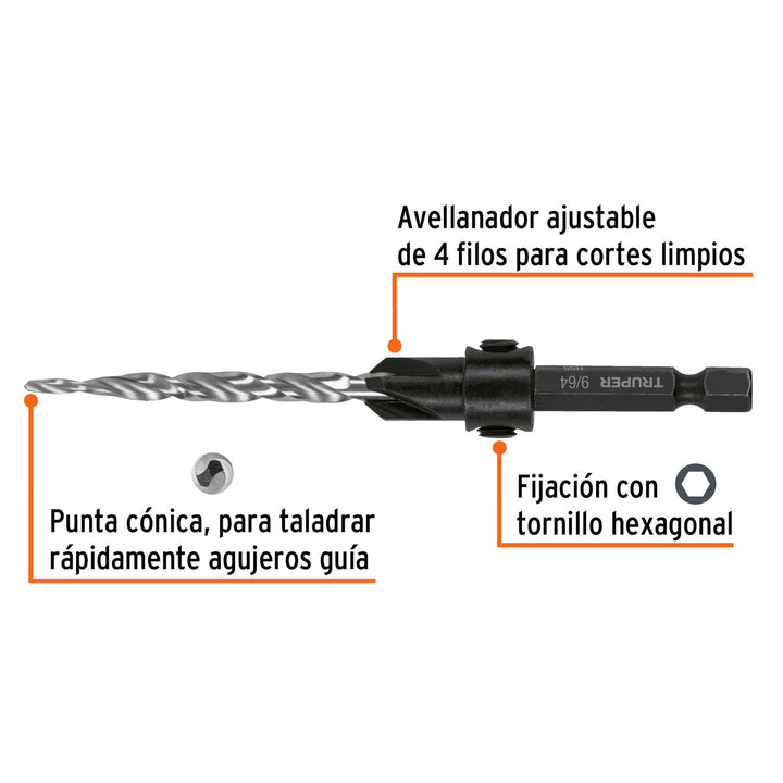 Broca avellanadora #10 para madera, 3/16", Truper - Mundo Tool 