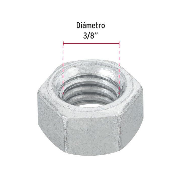 Tuerca de acero galvanizado hexagonal de 3/8', 100 pzas Fiero - Mundo Tool 