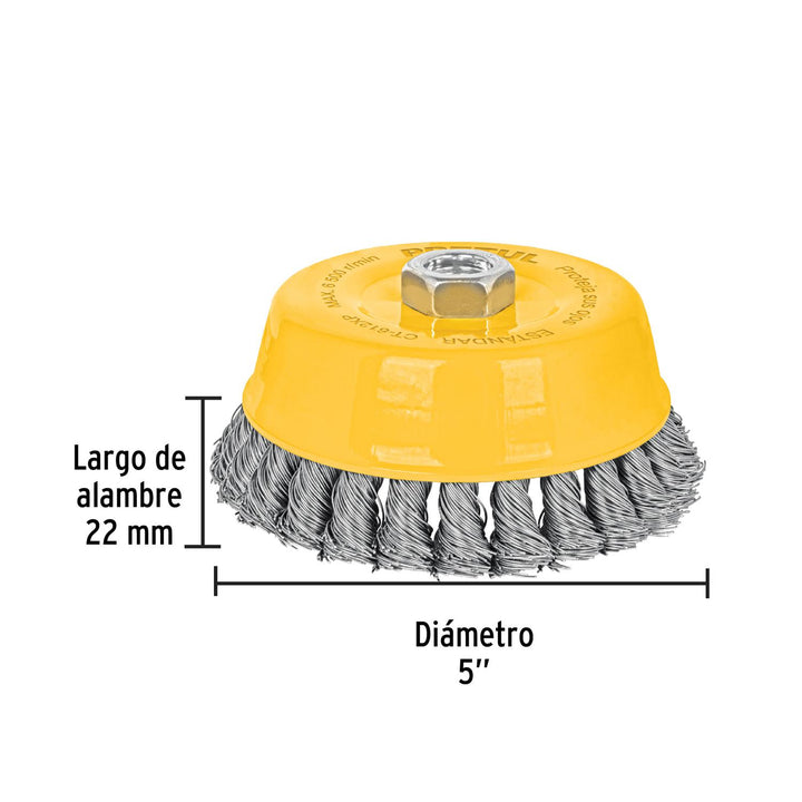 Carda copa 5' alambre trenzado grueso, eje 5/8'-11, Pretul - Mundo Tool 