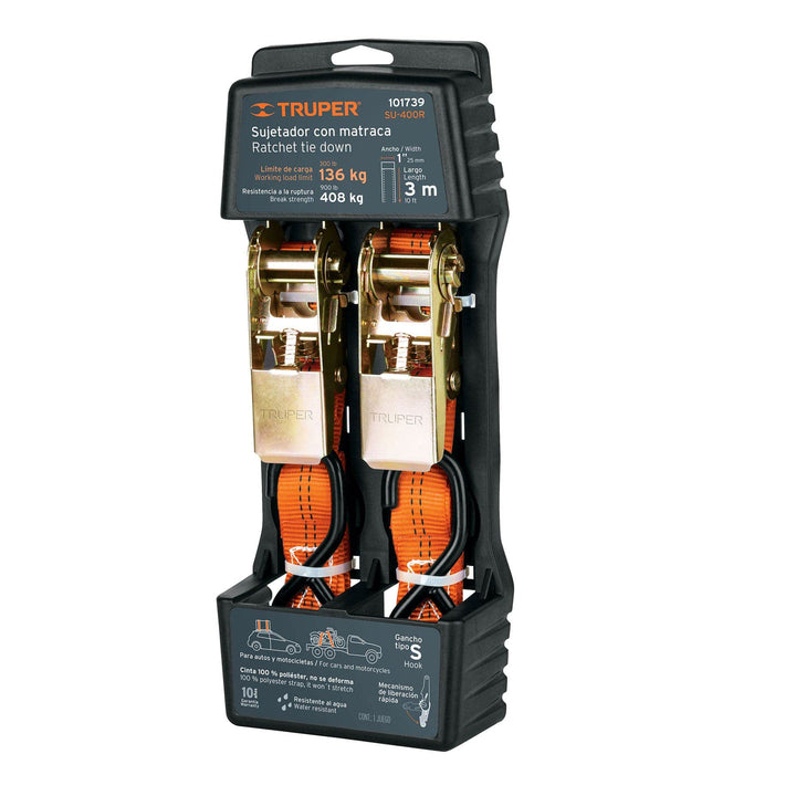 Truper SU-400R, Juego de 2 sujetadores con matraca carga máxima 400 kg maneral metálico gancho tipo S - Mundo Tool 