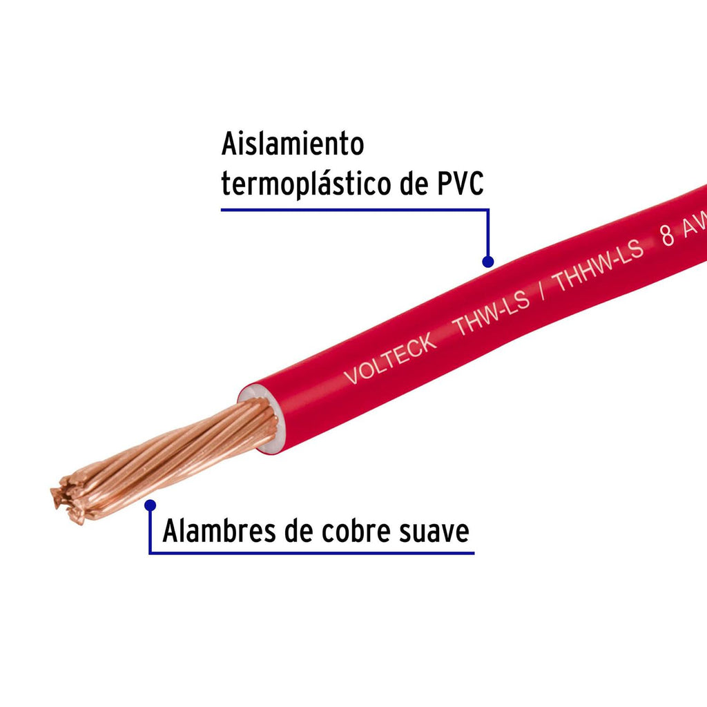 Carrete con 10 m de cable THHW-LS 8 AWG rojo, Volteck - Mundo Tool 