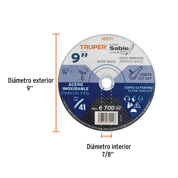 Disco p/corte acero inox., T41, diámetro 9', alto rendimient Truper - Mundo Tool 