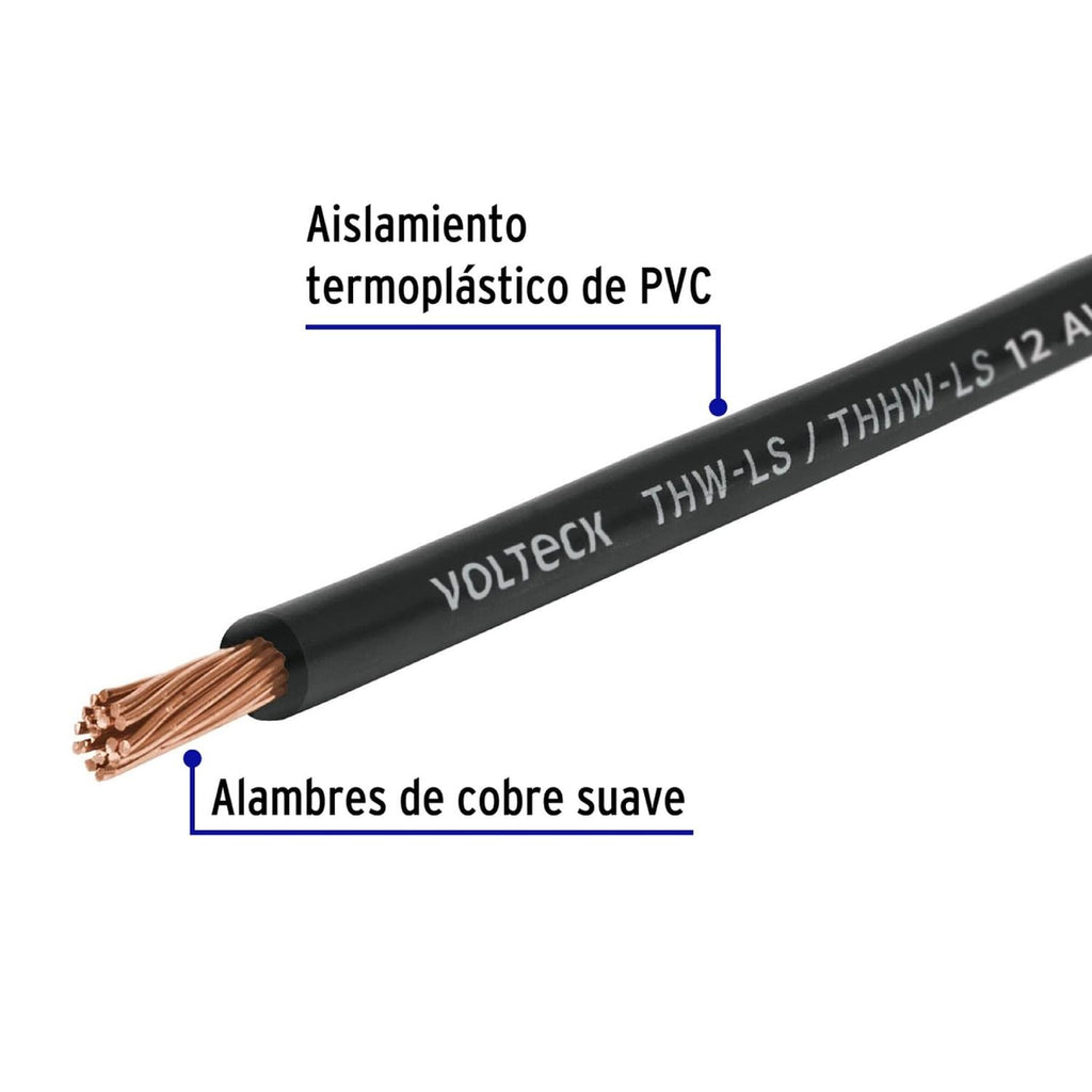 Cable THHW-LS, 12 AWG, color negro rollo 100 m Volteck