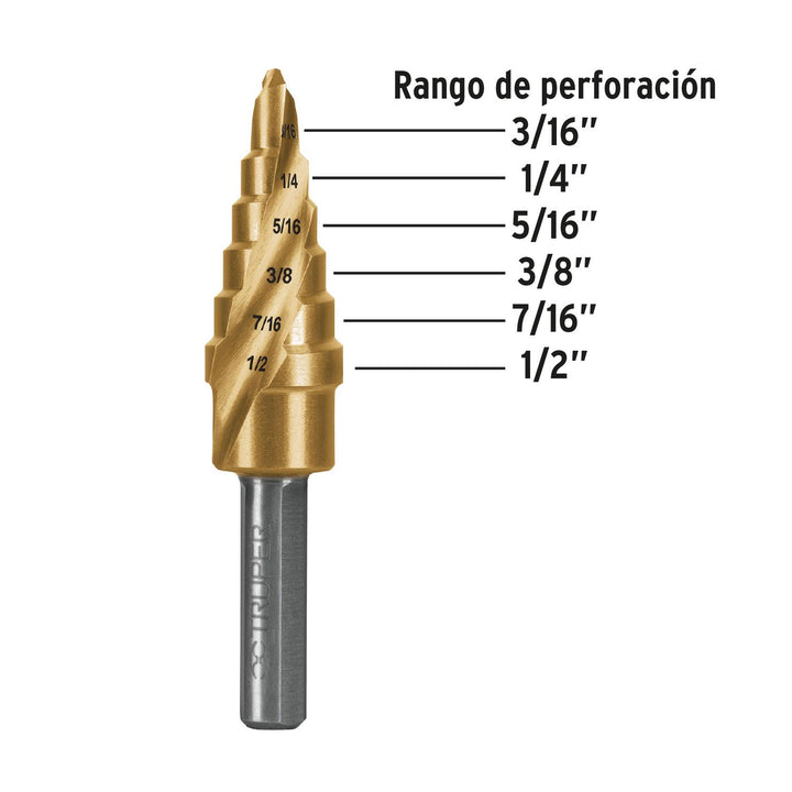 Broca escalonada titanio 6 escalones 3/16" a 1/2", Expert - Mundo Tool 