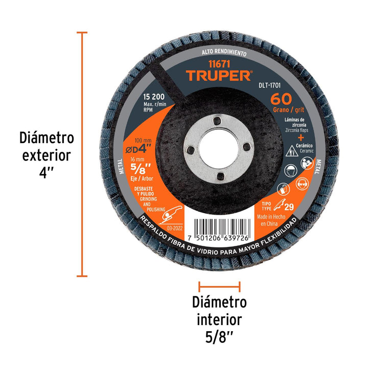 Disco laminado, tipo 29, diámetro 4', grano 60, centro 5/8' Truper - Mundo Tool 