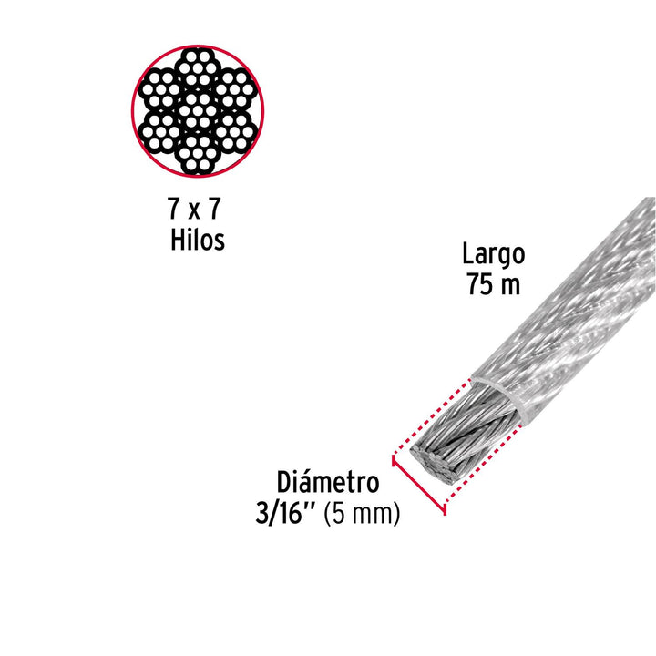 Cable rígido de acero 3/16', recubierto PVC, 7X7, 75 m Fiero - Mundo Tool 