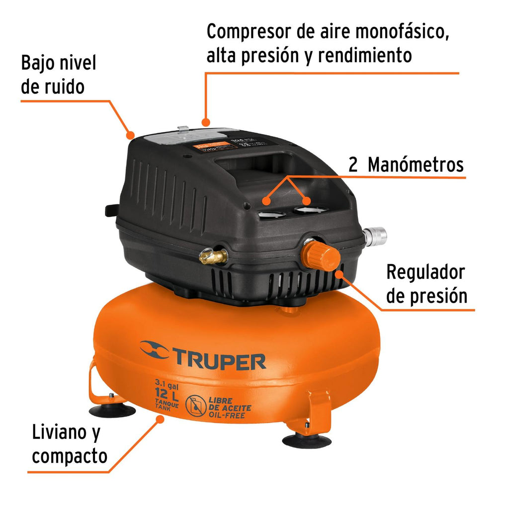 Compresor libre de aceite compacto 12L, 1HP 127V Truper - Mundo Tool 