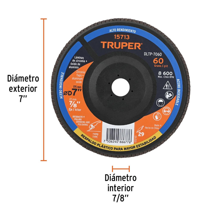 Disco Laminado 7 Barreno 7/8 Grano 60 Truper - Mundo Tool 