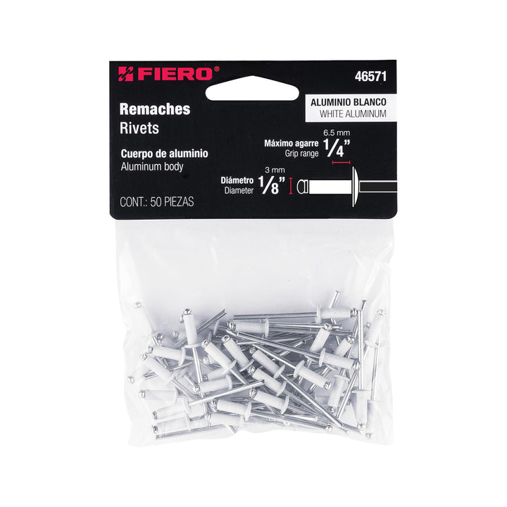 Bolsa c/50 remaches 1/8"x1/4" blancos de aluminio, ala 1/4" - Mundo Tool 