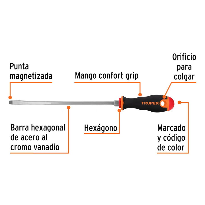 Desarmador plano 5/16" x 10" mango Comfort Grip, Truper - Mundo Tool 