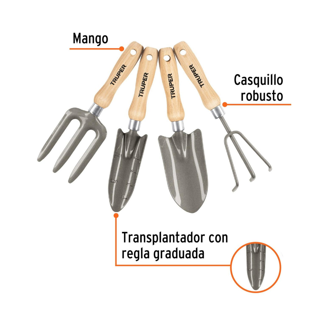 Juego de 4 herramientas, mangos de 6" para jardín, Truper - Mundo Tool 