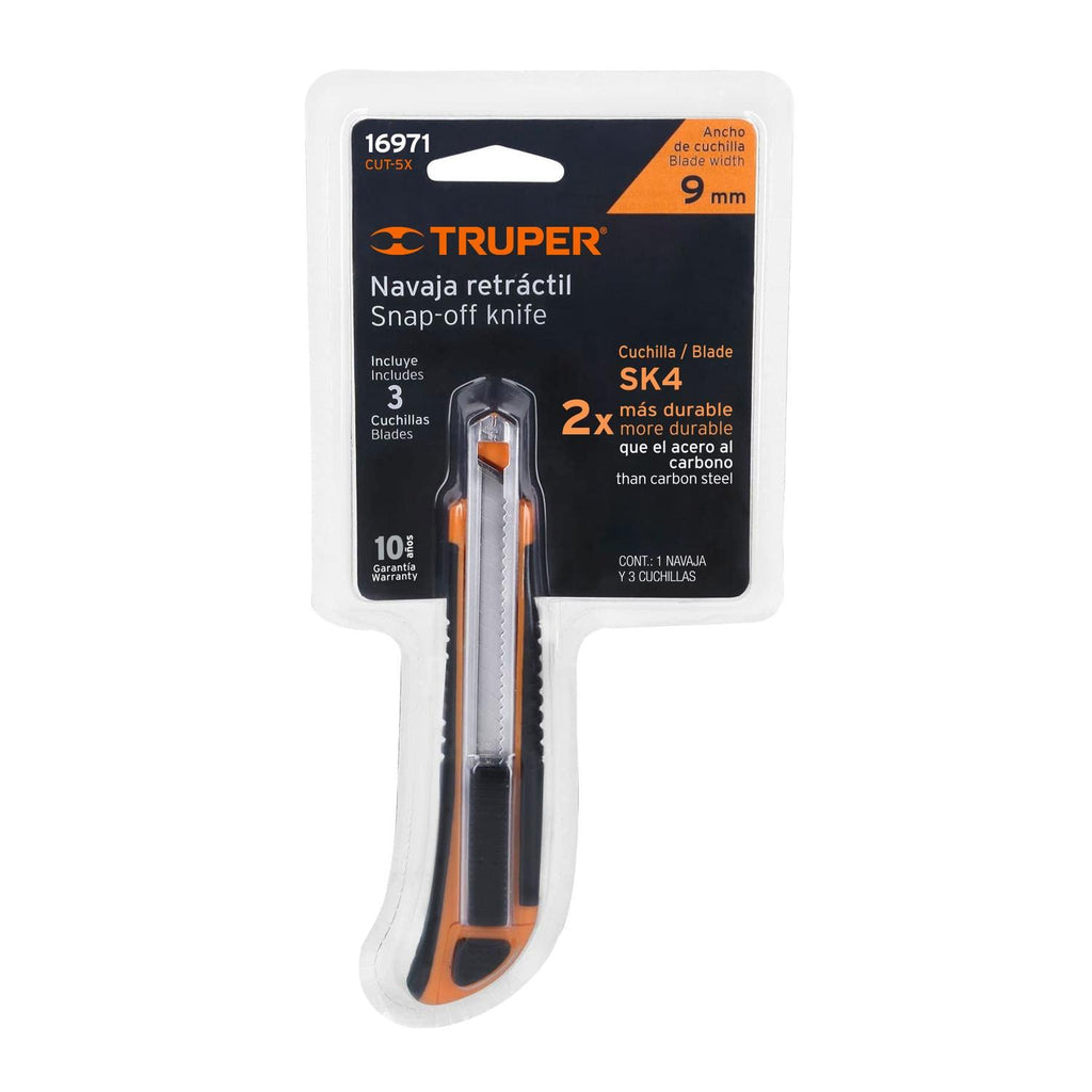 Cutter 9 mm profesional con alma metálica y grip, Truper - Mundo Tool 