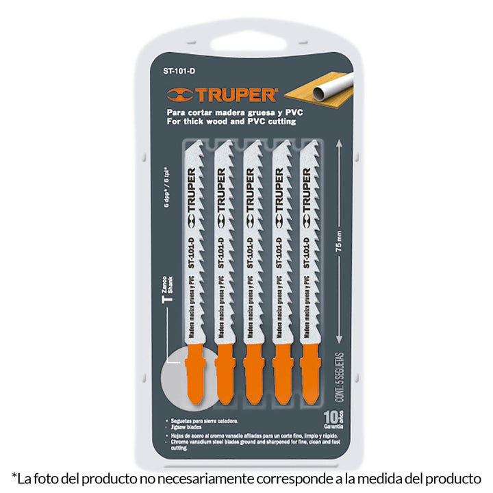 Segueta caladora,cortes rectos triplay, zanco t,10dpp,5pzas Truper - Mundo Tool 