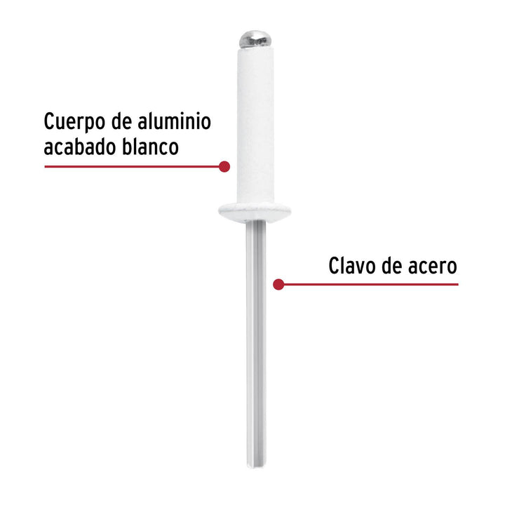 Bolsa c/50 remaches 5/32"x1/2" blancos aluminio, ala 5/16" - Mundo Tool 