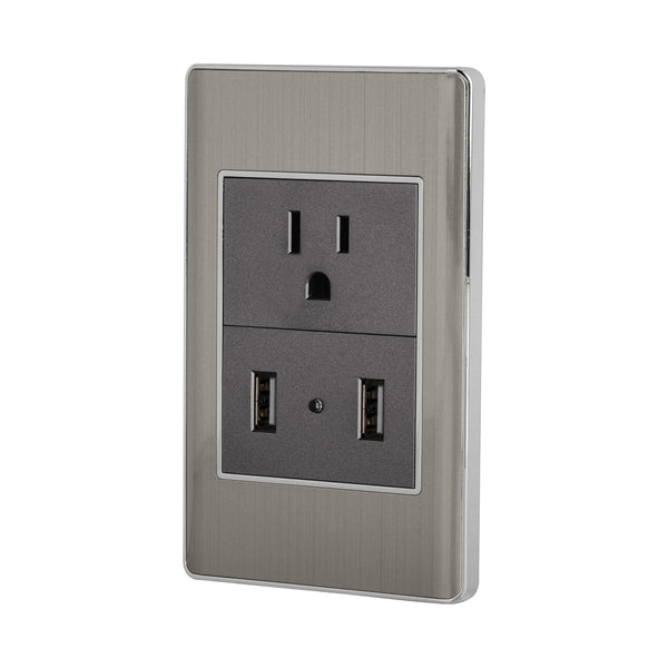 Volteck COUSB-LA, Placa armada 1 contacto de 2 polos + tierra y 2 puertos USB color acero línea Lisboa - Mundo Tool 