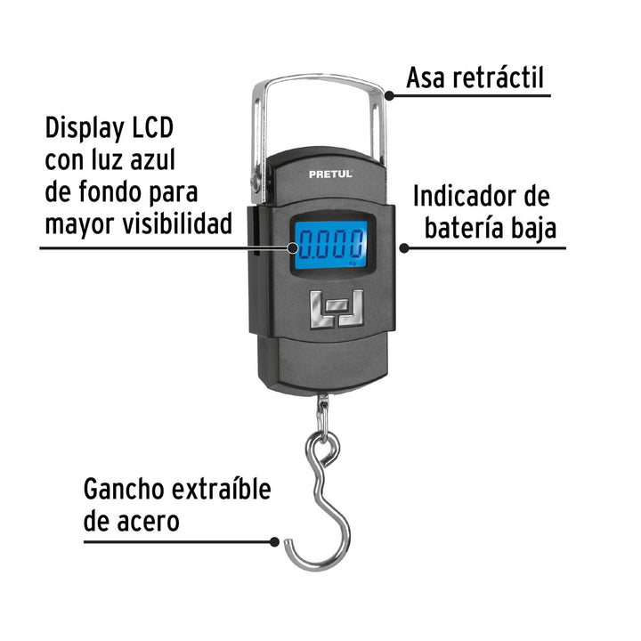 Báscula electrónica colgante, de pilas, 50 kg, Pretul - Mundo Tool 