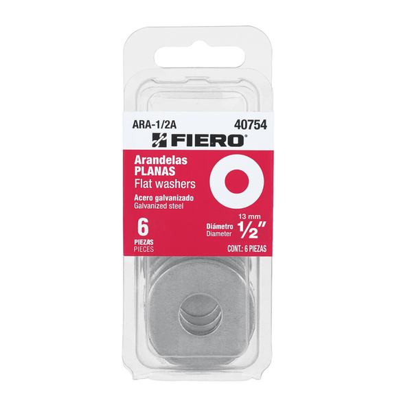 Fiero ARA-1/2A, Blíster con 6 arandelas planas de 1/2″ de acero con recubrimiento galvanizado - Mundo Tool 