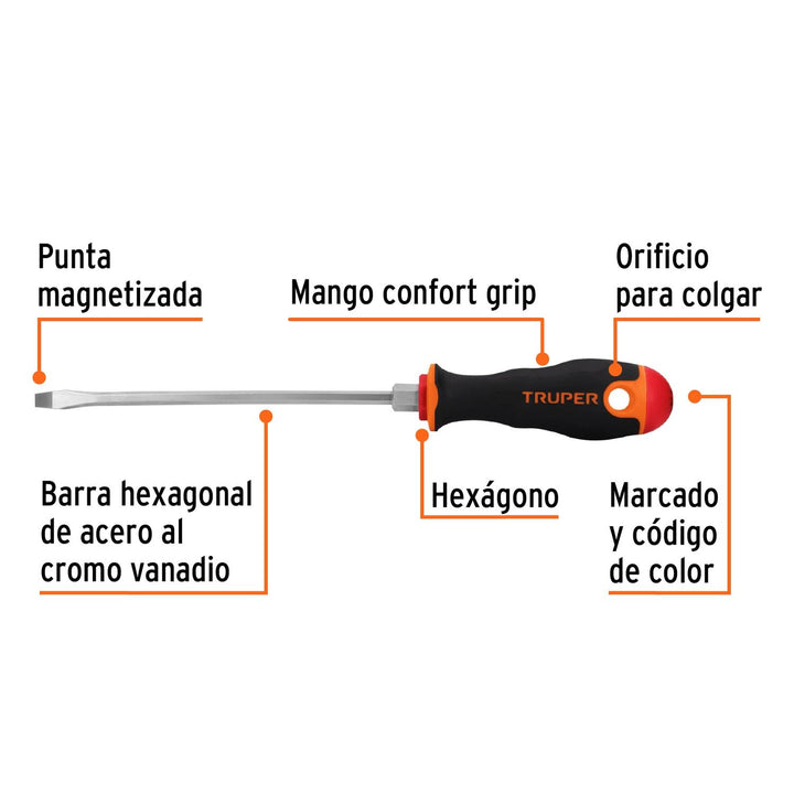 Desarmador plano 3/16" x 6" mango Comfort Grip, Truper - Mundo Tool 