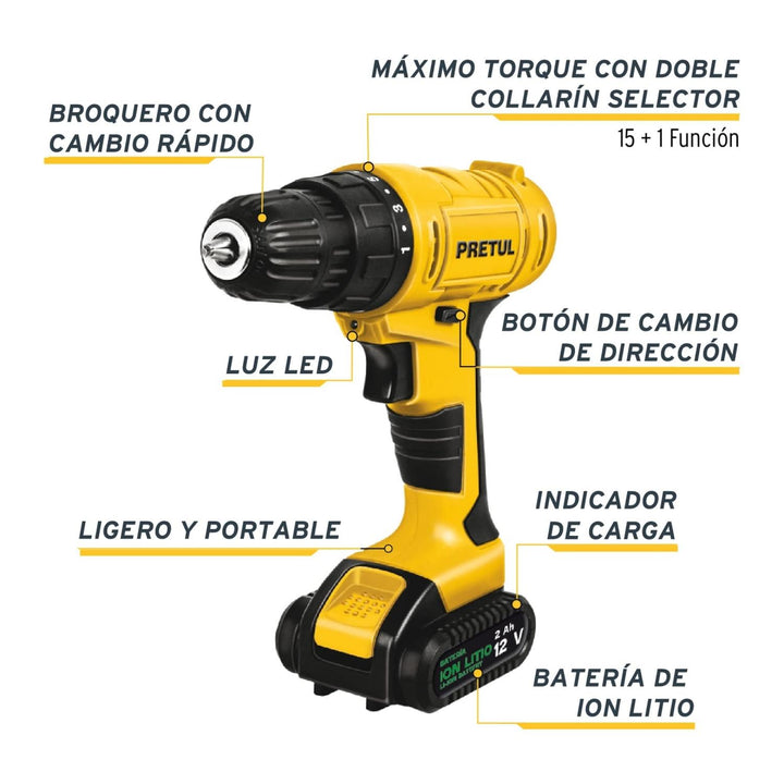 Taladro inalámbrico 3/8", 12 V, Pretul - Mundo Tool 