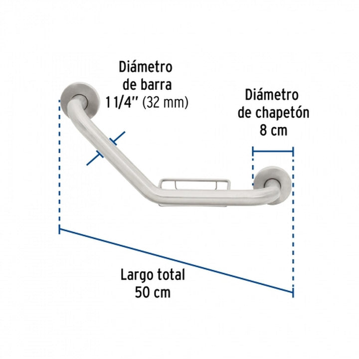 Barra angular con jabonera, acero inox, 1-1/4' x 40cm, Foset - Mundo Tool 