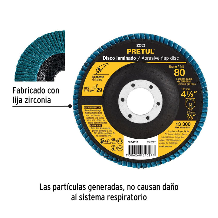 Disco 4-1/2" laminado grano 80 centro 7/8", Pretul - Mundo Tool 