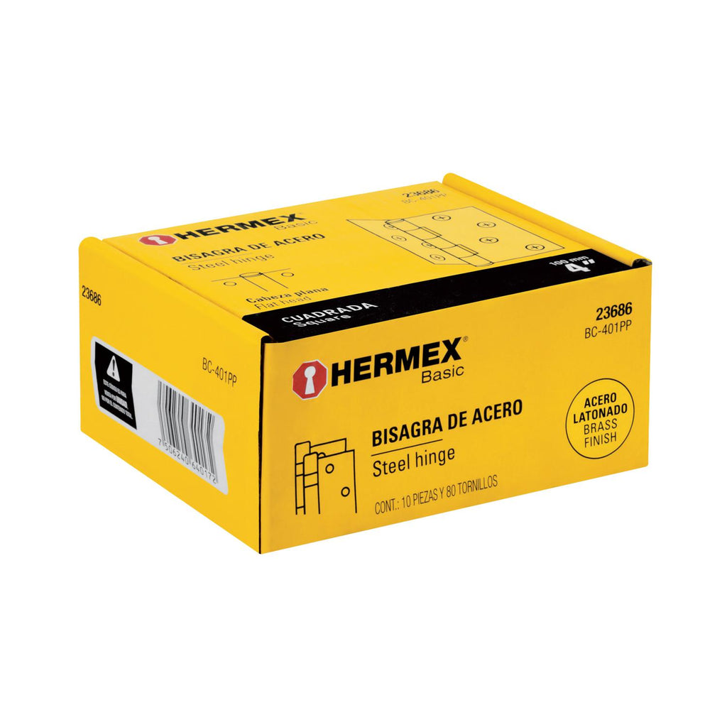 Bisagra cuadrada, 4', acero latonado, plana, Hermex Basic Hermex - Mundo Tool 