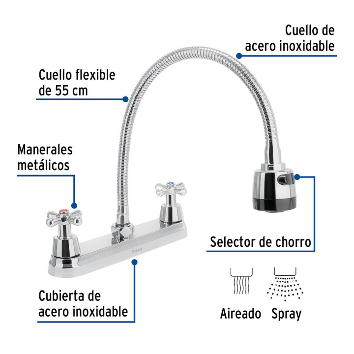 Mezcladora inox 8" p/fregadero, flexible, cruceta, Foset - Mundo Tool 