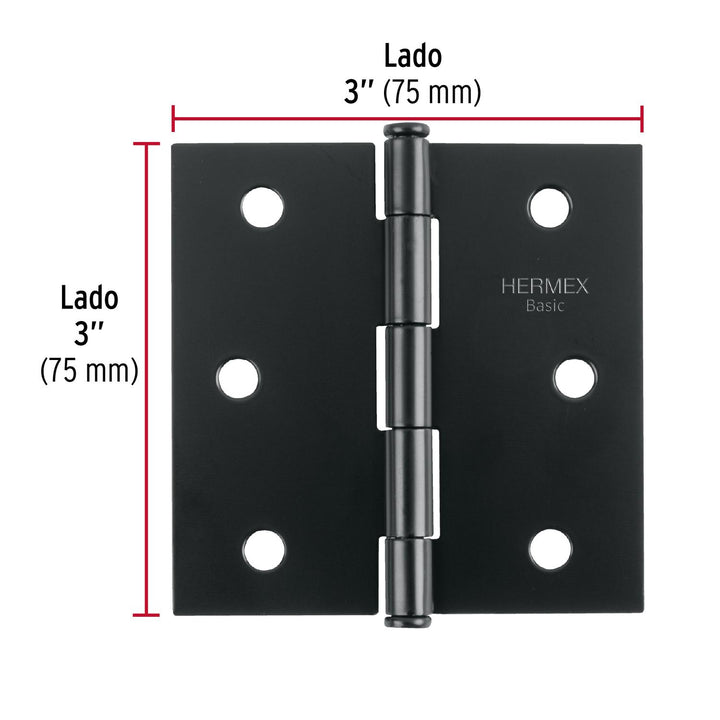 Bisagra cuadrada 3', negro mate, cabeza plana, Basic. 20 piezas. - Mundo Tool 