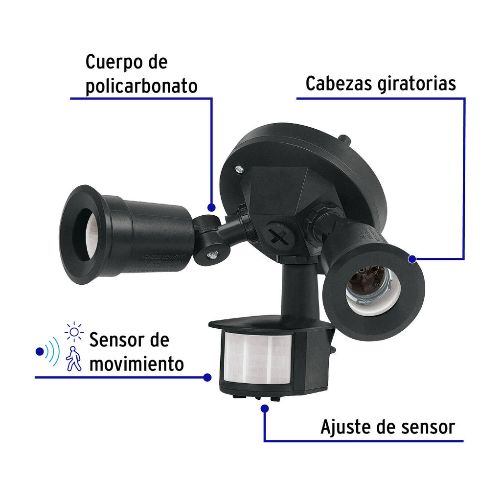 Arbotante negro c/sensor movimiento, lámparas no incluidas - Mundo Tool 