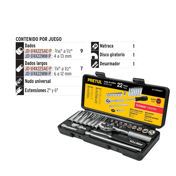 Juego de 22 herramientas 1/4" std para mecánico, Pretul - Mundo Tool 