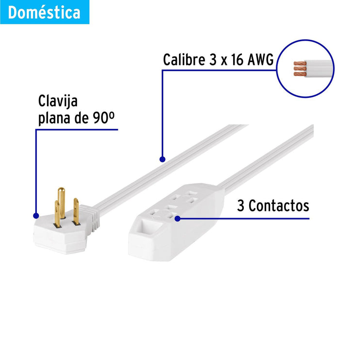 Extensión doméstica aterrizada 8 m blanca con clavija plana - Mundo Tool 