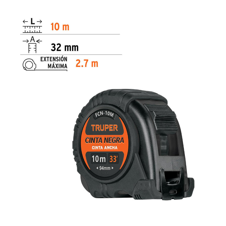 Flexómetro contra impactos 10 m, Cinta Negra 32 mm, Truper - Mundo Tool 