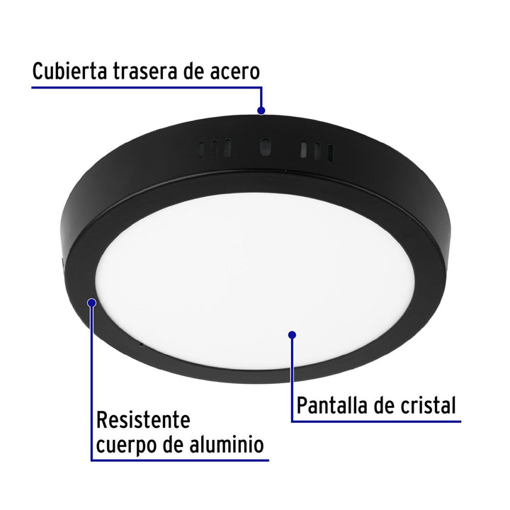 Luminario de LED 12 W redondo tipo plafón luz de día, negro - Mundo Tool 