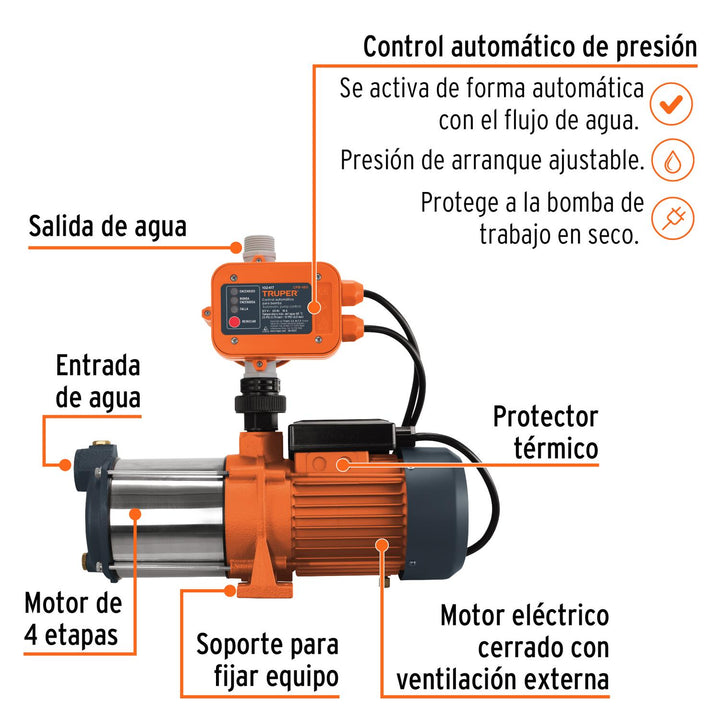 Bomba presurizadora multietapas 1 1/3 HP, Truper - Mundo Tool 