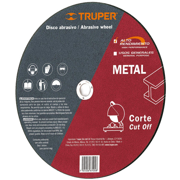 Truper ABT-519, Disco abrasivo para corte de metal 14″, alto rendimiento, 2.8 mm - Mundo Tool 