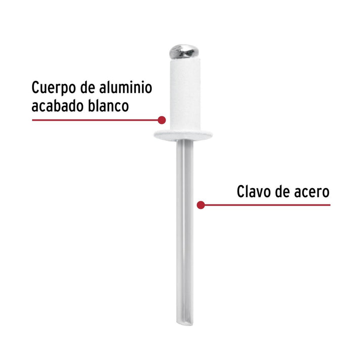 Bolsa c/50 remaches 3/16"x1/4" blancos de aluminio, ala 3/8" - Mundo Tool 