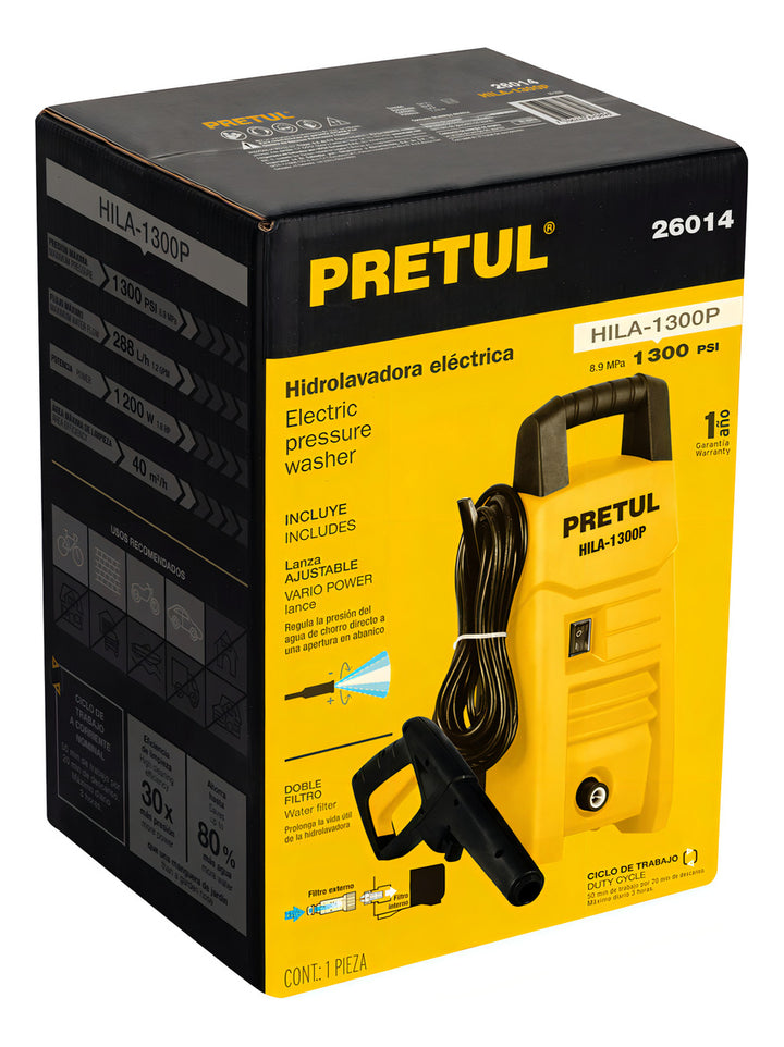 Hidrolavadora Eléctrica Pretul Hila-1300p 26014 Amarilla/negro De 1200w Con 1300psi De Presión Máxima 127v - 60hz - Mundo Tool 