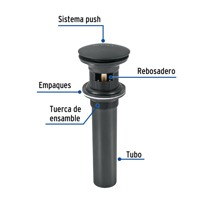 Contra p/lavabo, 1-1/4', con rebosadero, hongo, latón, negro - Mundo Tool 