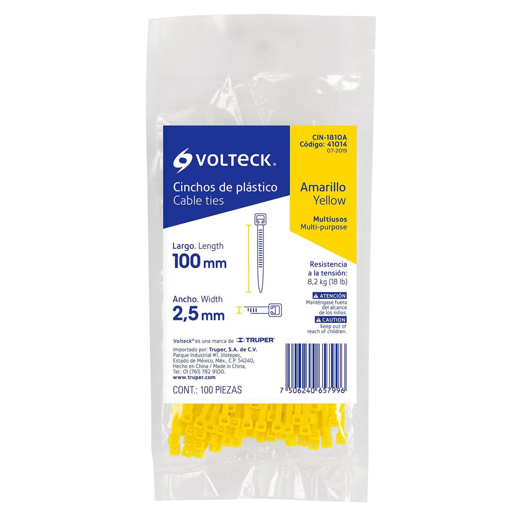 Cincho plástico amarillo 18 lb, 10 cm bolsa con 100 piezas Volteck - Mundo Tool 