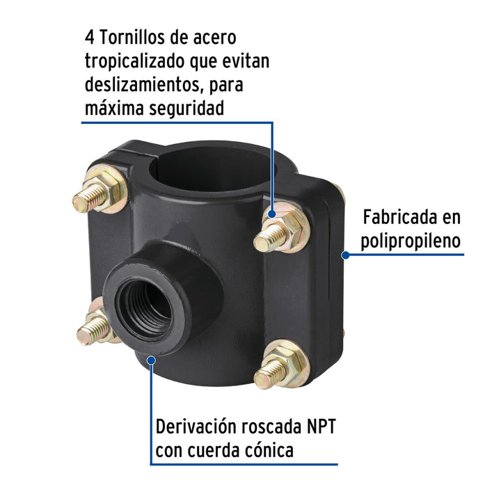 Abrazadera para toma domiciliaria PP 1-1/2' x 1/2', Foset - Mundo Tool 